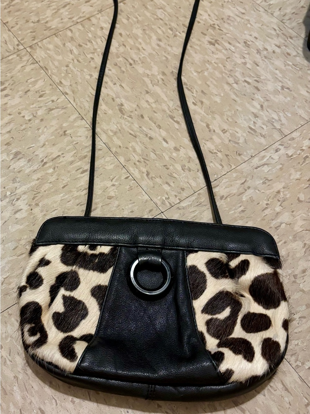 Vintage Carlos Falchi leopard calf hair & blk leather crossbody bag
